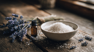 A comforting arrangement of ingredients for an epsom salt foot bath recipe, including a bowl of Epsom salt, lavender sprigs, and a bottle of essential oil on a rustic wooden surface.
