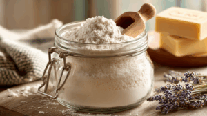 A beautiful glass jar filled with fresh, white homemade laundry soap powder, with a wooden scoop resting on top, sitting on a rustic wooden table.
